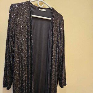 Long Black Sequined Open-Front Jacket